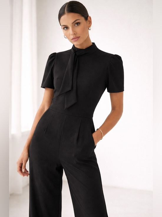 Maggy London Pants - Maggy London Black Jumpsuit Tie Neck Puff Sleeve Wide Leg US 2